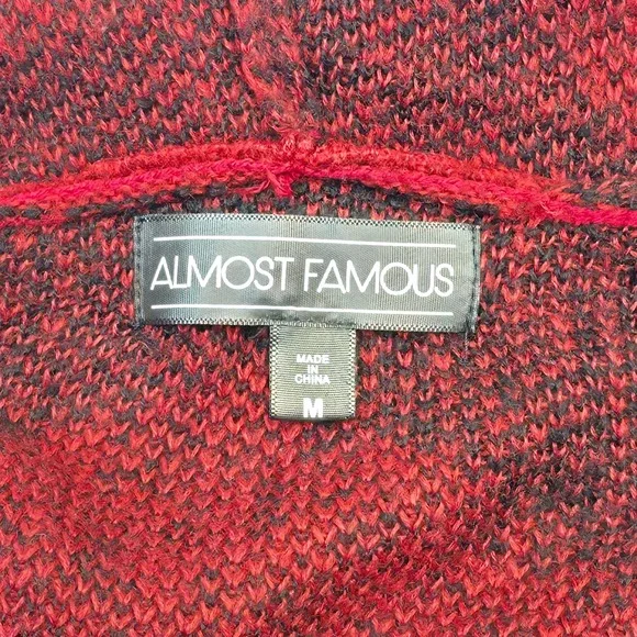 Almost Famous Red Black Buffalo Plaid Hooded Toggle Cardigan Womens Retro - Picture 6 of 9